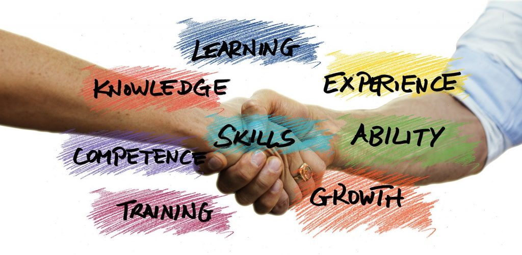 skills-photo: words in coloured boxes over a handshake. Words are skills (in centre), learning, experience, ability, growth, training, competency, knowledge