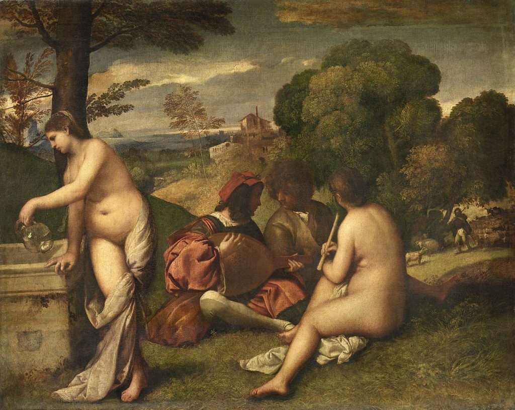 A Naked woman pouring water and a naked woman seated before two men in a field
