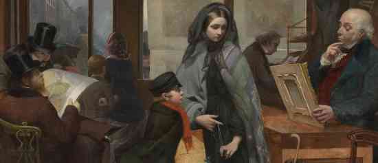 Men surrounding the woman in the print seller shop (detail), Emily Mary Osborn, Nameless and Friendless, "The rich man's wealth is his strong city: the destruction of the poor is their poverty" (Proverbs: 10:15), 1857, oil on canvas, 82 x 104cm (Tate Britain, London)