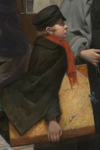 Young boy looking up at woman with expectation (detail), Emily Mary Osborn, Nameless and Friendless, "The rich man's wealth is his strong city: the destruction of the poor is their poverty" (Proverbs: 10:15), 1857, oil on canvas, 82 x 104 cm (Tate Britain, London)