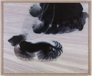 A dark dog with a blur of legs and tail. A larger dark blob with blurred legs. The two are connected by light, wide leash