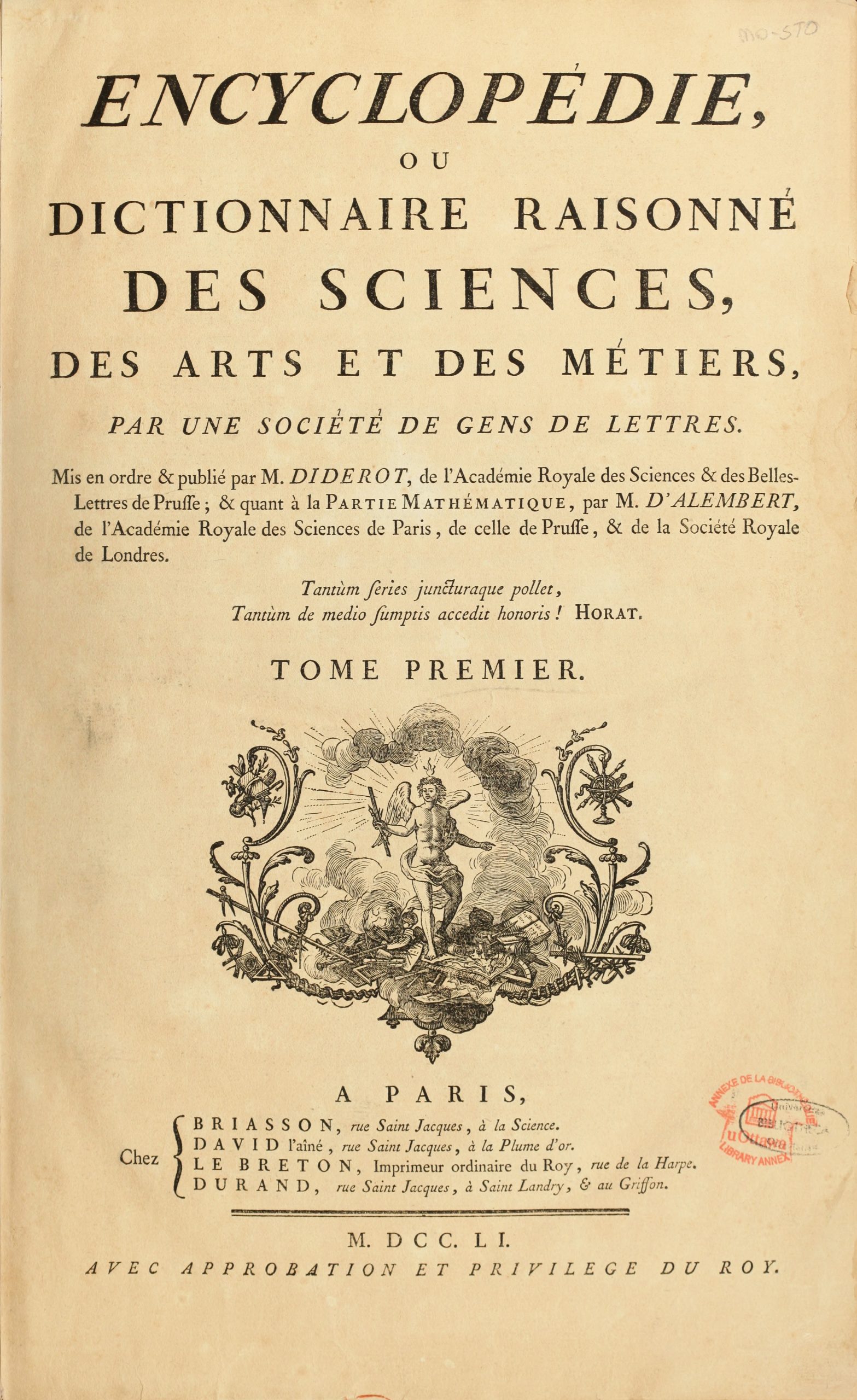 Image of the front cover of the Encyclopedie written by Diderot and D'Alembert