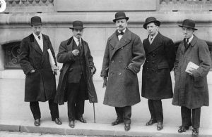 Luigi Russolo, Carlo Carrà, Filippo Tommaso Marinetti, Umberto Boccioni and Gino Severini in front of Le Figaro, Paris, February 9, 1912
