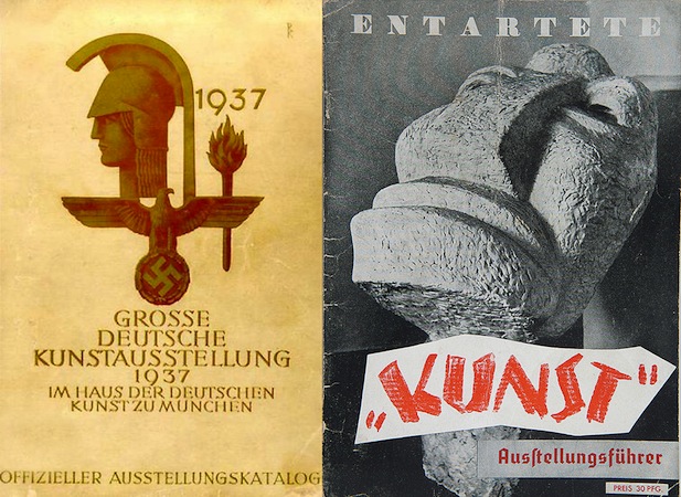 Great Exhibition of German Art catalogue cover, 1937  (left) and Entartete Kunst (Degenerate Art) exhibition, catalogue cover, 1937 (right) 