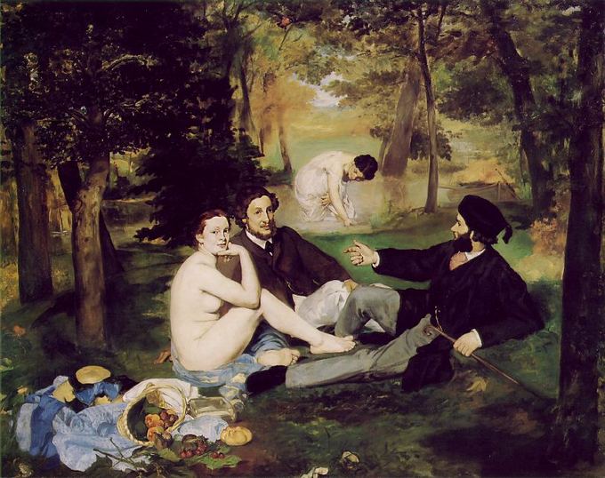 A naked women beside two clothed men and a woman in a forest beside picnic fixings