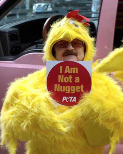 Middle-aged man in a chicken suit holds a sign saying "I am not a Nugget Peta"