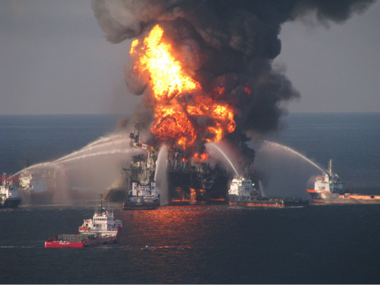 7 fire fighting boats with water cannons put out the fire after an oil rig explosion