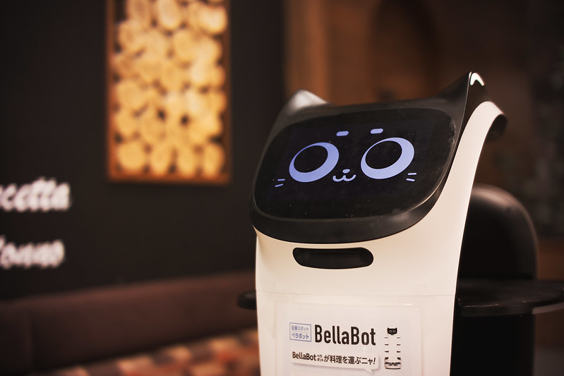 Robot serveur avec un écran tactile qui affiche un visage de chat.