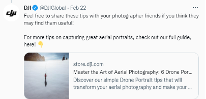 Publication Twitter de DJI contenant un article présentant des astuces pour prendre des portraits aériens.