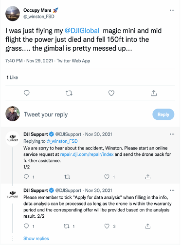 Fil de discussion sur Twitter entre l’utilisateur Occupy Mars, qui se plaint que son drone a perdu sa charge mi-vol, et DJI.