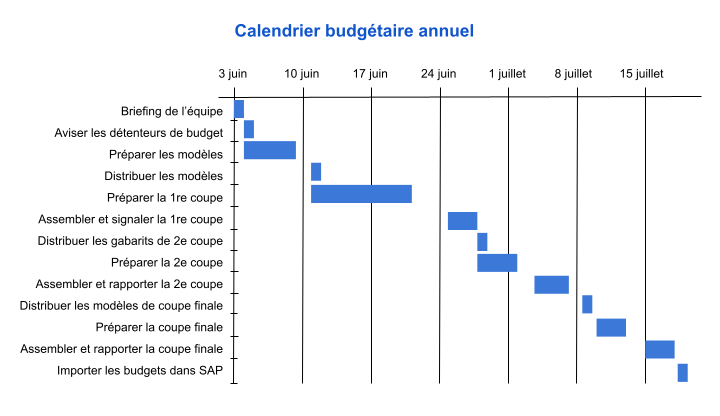 Calendrier budgétaire annuel présenté sous forme de diagramme de Gantt.