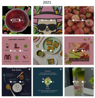Capture d’écran du fil de publication Instagram de David’s Tea en 2021. Il y a 9 carrés représentant chacun une publication.