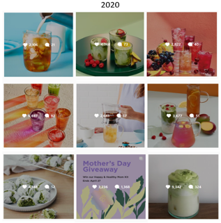 Capture d’écran du fil de publication Instagram de David’s Tea en 2020. Il y a 9 carrés représentant chacun une publication.