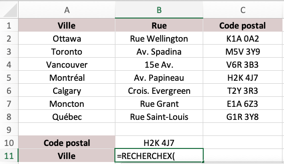 Partie d’un classeur dans Excel avec 3 colonnes intitulées Ville, Rue et Code postal. La colonne A contient les villes : Ottawa, Toronto, Vancouver, Montréal, Calgary, Moncton et Québec. La colonne B contient les rues : Rue Wellington, Av. Spadina, 15e Av., Av. Papineau, Crois. Evergreen, Rue Grant et Rue Saint-Louis. La colonne C contient les codes postaux : K1A 0A2, M5V 3Y9, V6R 3B3, H2K 4J7, T2Y 3R3, E1A 6Z3 et G1R 3Y8. Dans la cellule A10, on retrouve le texte Code postal puis dans la cellule B10 on retrouve le code postal H2K 4J7. Dans la cellule A11, on retrouve le texte Ville et dans la cellule B11 on retrouve la formule =RECHERCHEX(.