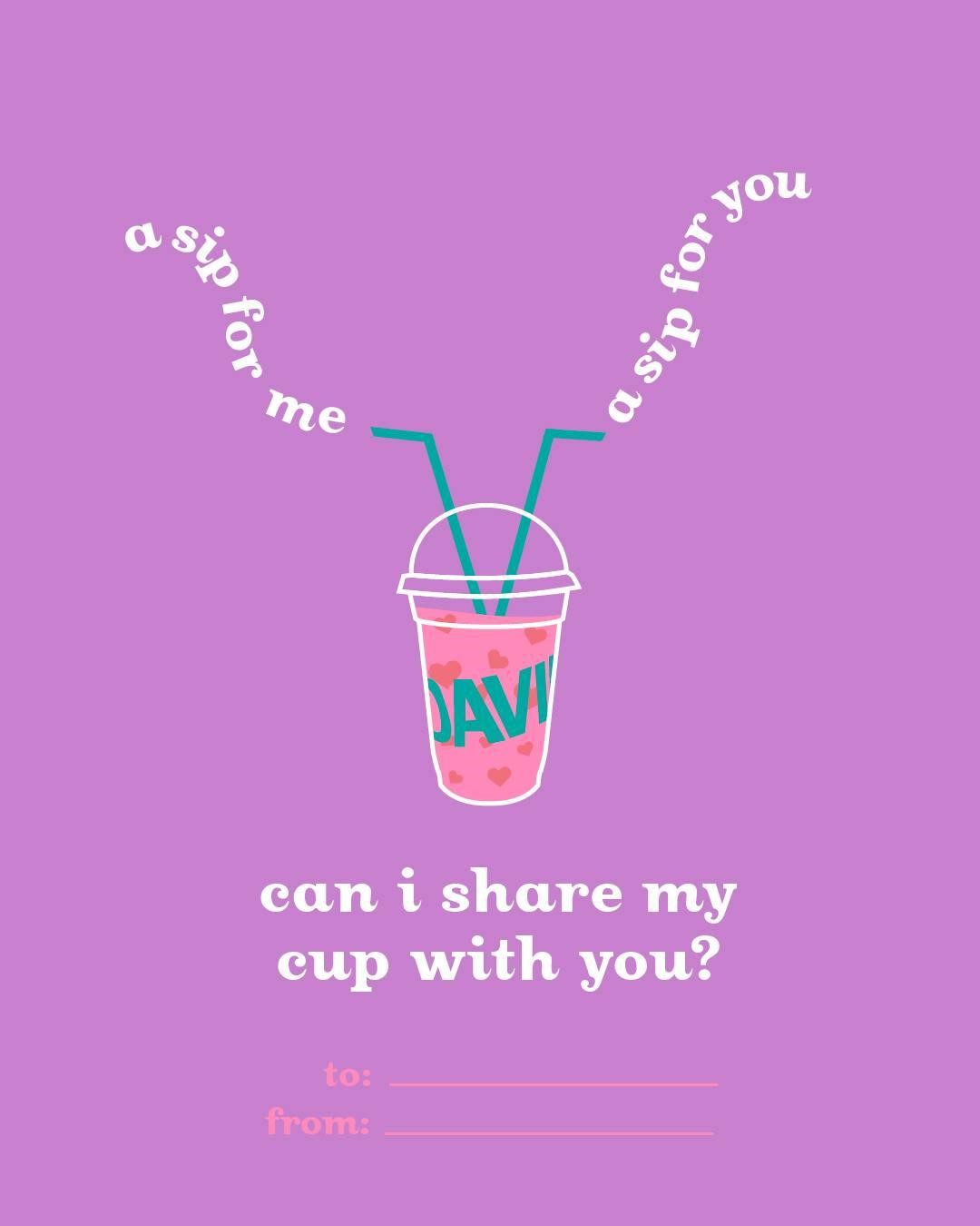 Publication Facebook d’un gobelet de thé avec deux pailles écrit « A sip for me, a sip for you, can I share my cup with you? To : From :