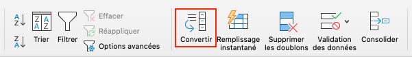 Capture d’écran d’une partie du ruban d’Excel. L’icône Convertir est encadrée en rouge. Elle se retrouve à droite du groupe concernant les tris et les filtres, et à gauche de l’icône Remplissage instantané.