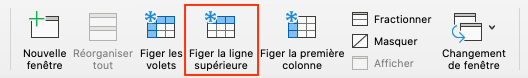 Capture d’écran d’une partie du ruban d’Excel. L’icône Figer la ligne supérieure est encadrée en rouge.