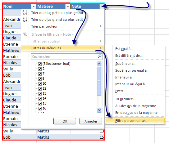 Tableau dans Excel avec les titres Nom, Matière et Note. Une flèche mène vers le carré avec le triangle qui pointe vers le bas à côté du titre Note. Une autre flèche pointe vers l’option Filtres numériques du menu. Enfin, une flèche pointe vers l’option Filtre personnalisé du deuxième menu.