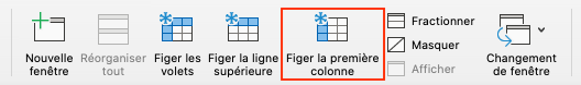 Capture d’écran d’une partie du ruban d’Excel. L’icône Figer la première colonne est encadrée en rouge.