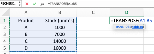 Partie d’un classeur Excel. La cellule A1 contient le titre de la colonne produit. La plage A2:A5 contient les lettres A, B, C et D. La cellule B1 contient le titre de la colonne stock (unités). La plage B2:B5 contient les nombres 1000, 7000, 14000 et 16000. La cellule D1 contient la formule =TRANSPOSE(A1:B5.