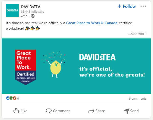 Publication LinkedIn de David’s Tea annonçant que leur lieu de travail est désormais certifié Great Place to Work Canada.