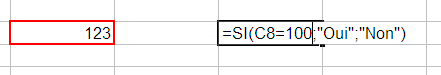 Cellule avec un encadré rouge contenant le nombre 123. Une autre cellule sélectionnée contient la formule =SI(C8=100;”Oui”,”Non”).