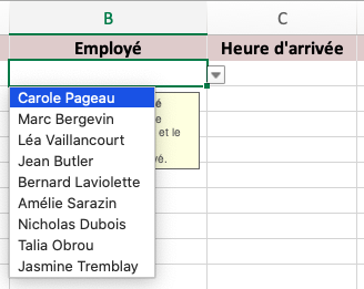 Partie d’un classeur Excel. La première cellule en dessous du titre de colonne Employé est sélectionnée. Il y a une liste déroulante affichant les noms des employés.