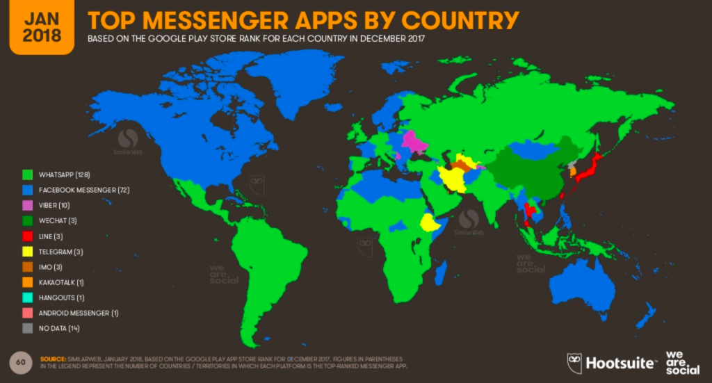 Carte du monde affichant les « Top Messenger Apps by Country ».