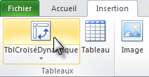 Capture d’écran d’une partie du ruban d’Excel. L’onglet Insertion est sélectionné et le curseur est au-dessus de l’icône TblCroiséDynamique dans le groupe Tableau.
