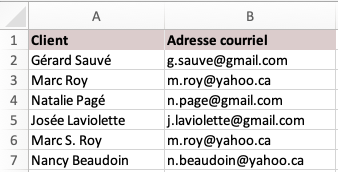 Partie d’un classeur Excel. La colonne A est intitulée Client et contient les prénoms et les noms de clients. La colonne B est intitulée Adresse courriel et contient les adresses courriel des clients. Le client à la ligne 3 est Marc Roy et possède l’adresse courriel m.roy@yahoo.ca. Le client à la ligne 6 est Marc S. Roy et possède l’adresse courriel m.roy@yahoo.ca.