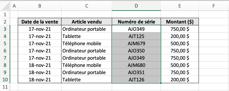 Partie d’un classeur Excel. On y retrouve les dates de la vente (colonne B), les articles vendus (colonne C), les numéros de série (colonne D) et les montants ($) (colonne E). Les données se retrouvent dans la plage B3:E10. La plage D3:D10 est sélectionnée.