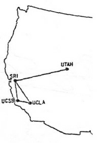 Carte ARPANET avec des traits qui relient UTAH et SRI puis SRI, UCSB et UCLA ensemble.