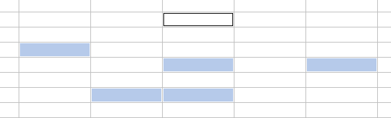 Six cellules éparpillées sélectionnées dans un classeur Excel. Cinq de ces cellules sont en bleu et une de ces cellules est blanche avec un encadré noir. On y retrouve également l’icône du Finder de Mac.