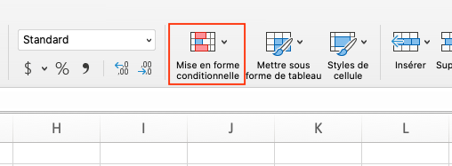 Capture d’écran d’une partie du ruban d’Excel. L’icône Mise en forme conditionnelle est encadrée en rouge. Elle se retrouve à la droite du groupe concernant le format de cellule et à la gauche de l’icône Mettre sous forme de tableau.
