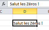 Une cellule sélectionnée de la colonne D contient le texte « Salut les Zéros ! ». Ce même texte s’affiche dans la barre de formules.