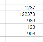 Cinq cellules Excel dans la même colonne qui contiennent les nombres 1287, 122373, 986, 123 et 908 alignés à droite.