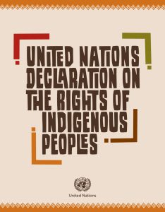 Cover page of the United Nations Declaration of Indigenous Peoples. UN logo and text.