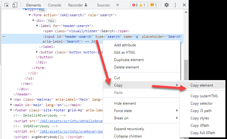 Copying an element from DevTools