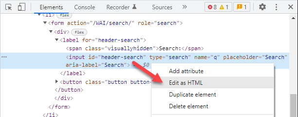 Editing an element in DevTools