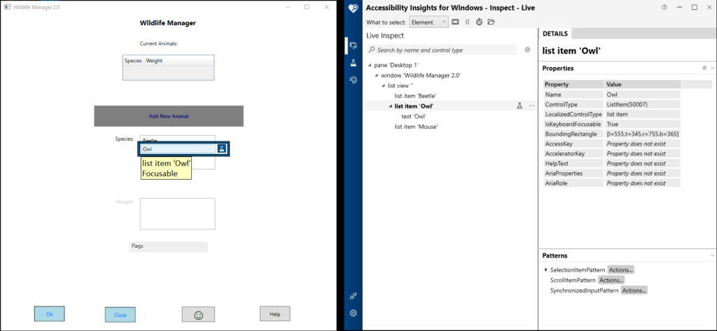 As you mouse over an element in Wildlife Manager, Insights displays its properties