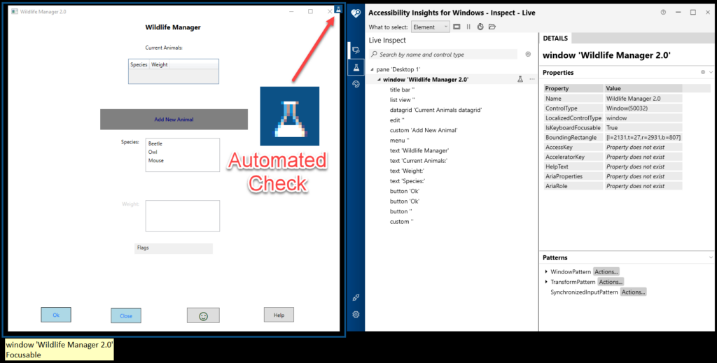 Position your mouse over the element(s) you’d like to test, and click the Test button