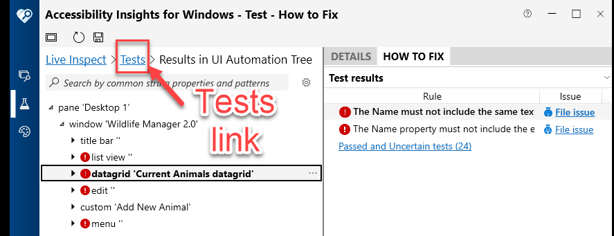 Click the Tests link