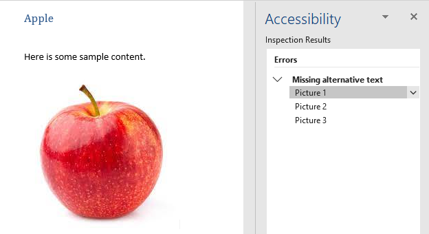 Screenshot of Accessibility Inspection Results, showing Missing Alt Text