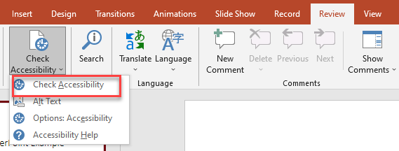 Screenshot of PowerPoint - select the Review tab, then select the Check Accessibility button