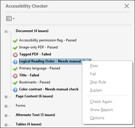 Screenshot of Acrobat Pro - Accessibility Checker results