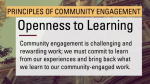 Sepia-toned background with images of McMaster Campus. Yellow highlighted text box with black print reads: Principles of Community Engagement. Blue text box with black print reads: Community engagement is challenging and rewarding work; we must commit to learn from our experiences and bring back what we learn to our community-engaged work.