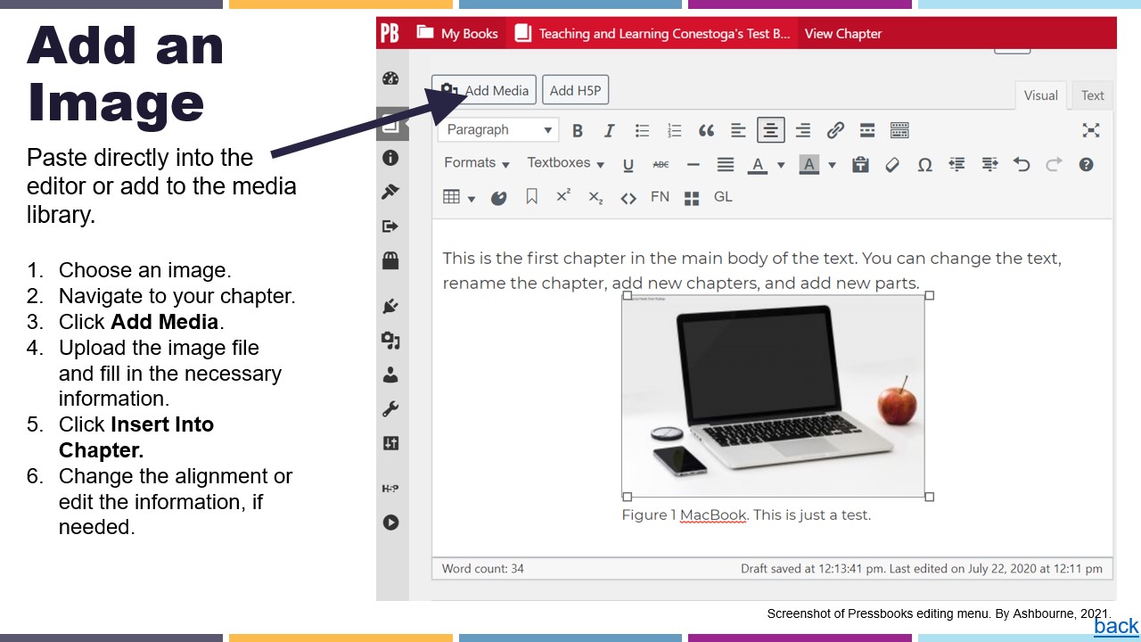 slide with screenshot of pressbooks visual editor and an arrow pointing to the add media button located above.