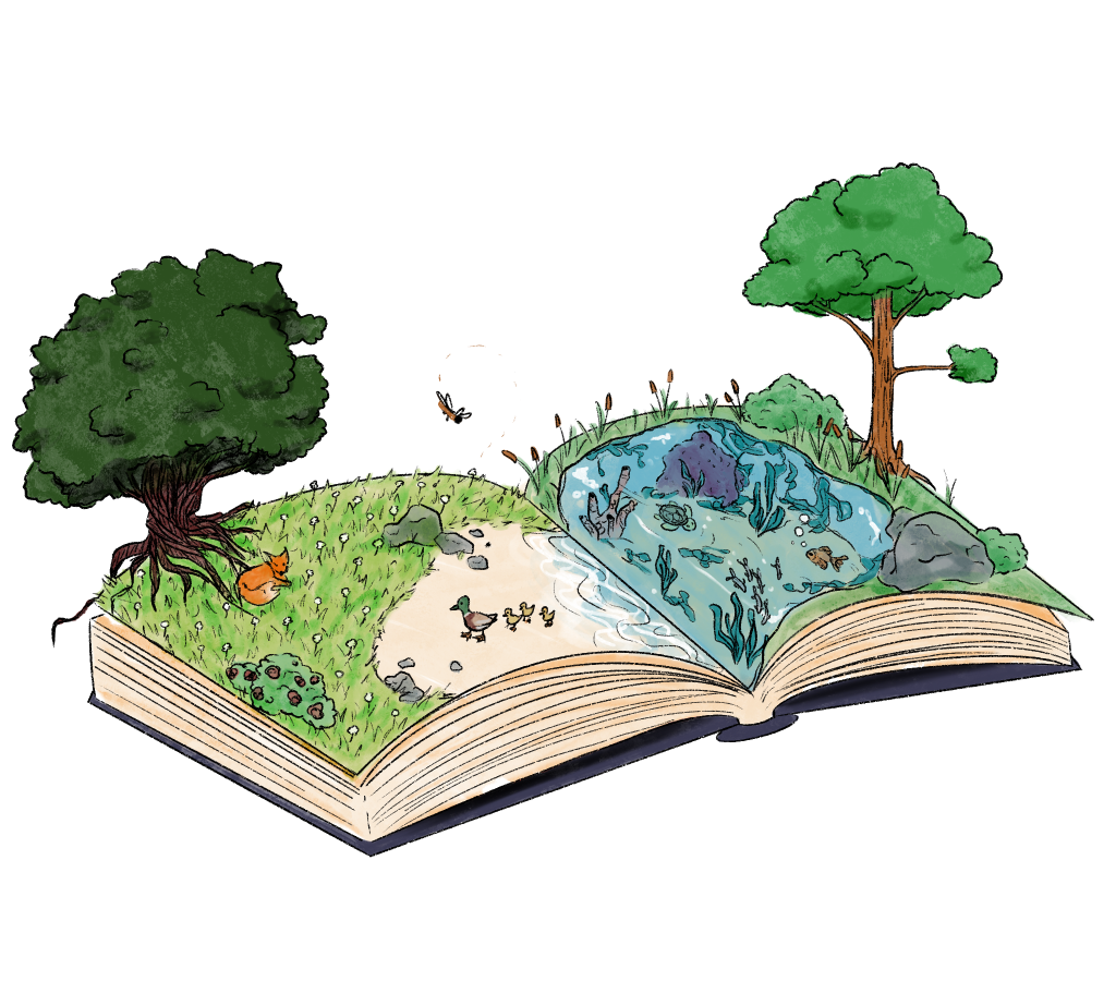 Picture of open book with trees, grass and other animals and vegetation growing from it.