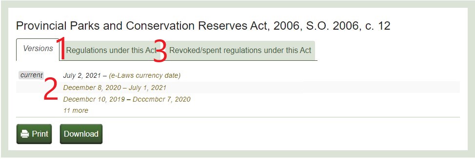 A sample Ontario e-Law page with numbers on it that correspond to the list below the image. There is a number 1 on top of the versions tab, a number 2 on top of the information displayed in that tab, and a number 3 on top of the Revoked/spent regulations under this act tab.