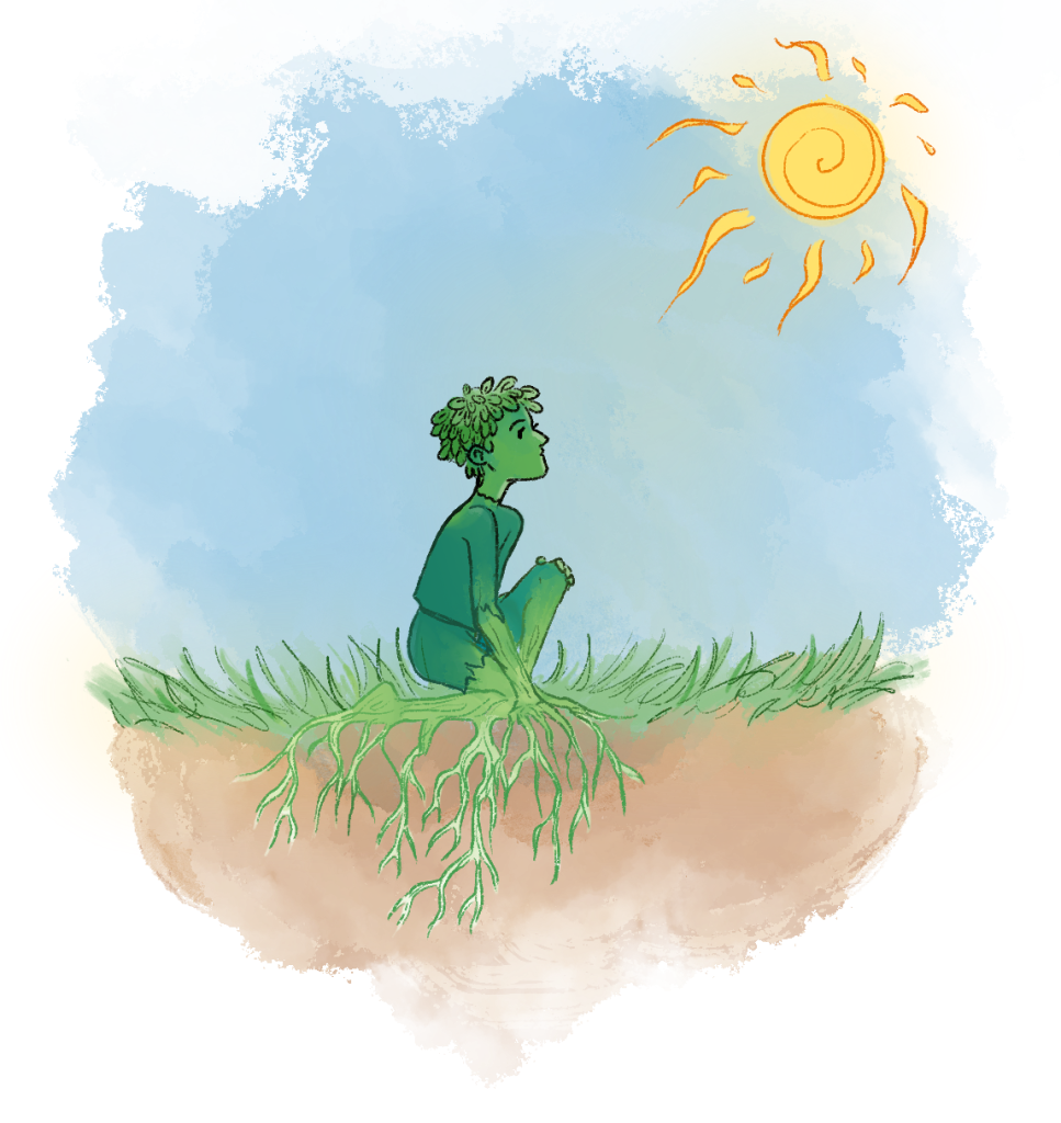 Image of a young, green person with roots for feet looking up at the sun against a blue sky.